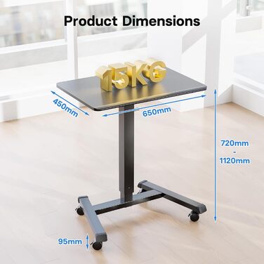 BONTEC Регульований стіл-трансформер, мобільний підйомний стіл, стіл для стоячи/сидячи, стіл над ліжком, чорний, 65x45 см, до 15 кг