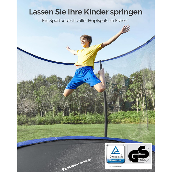 Батут SONGMICS садовий Ø305 см з захисною сіткою, драбиною, м'якими стійками, чорно-синій