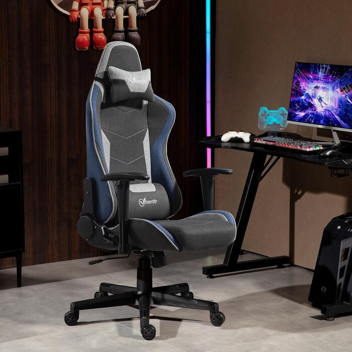 Крісло ігрове Vinsetto Ergonomic з регулюванням висоти, підголівником та поперековою підтримкою, блакитне