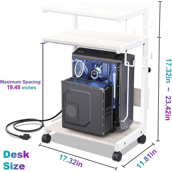 Регульована підставка для комп'ютерного блоку з 2 полицями та місцем для зберігання – для корпусів ATX, принтерів, з фіксуючими колесами (білий, W44 x D30 x H44-59.5см)