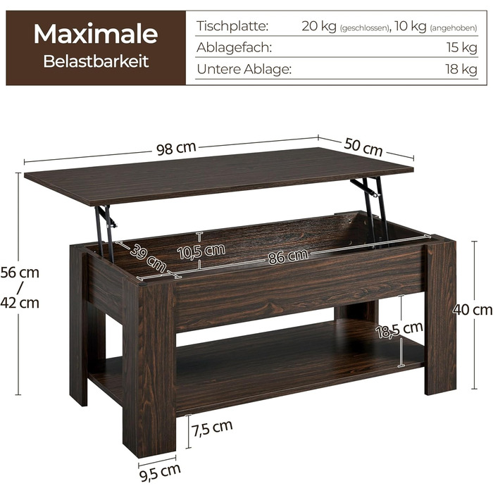Журнальний столик Yaheetech з регульованою висотою та прихованим місцем для зберігання, 98 x 50 x (42-56) см, колір еспресо