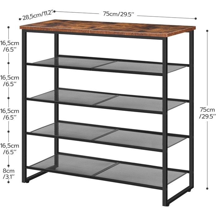 Полиця для взуття HOOBRO, 5-ти ярусна полиця для взуття, тумба для взуття, на 16-20 пар взуття, компактний, міцний і стійкий, передпокій, вітальня, темний коричнево-чорний EBF58XJ01