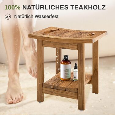 Дзеркало для ванної кімнати LUE BONA з масивного тикового дерева, квадратна лавка для ванної кімнати з дерева, водонепроникний стілець для душу, спа та ванної кімнати, 39.9×29.5×41.4см, (Натуральне тикове дерево)