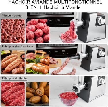 Електрична м'ясоподрібнювач STANEW 2500W з нержавіючої сталі [4-в-1] з 5 лезами (хвильовий ніж/різання/тертка) та подвійним мотором - для м'яса, овочів, зелені + насадка для ковбас та для вирізання печива