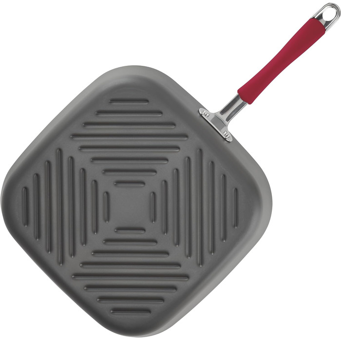 Сковорода-гриль Rachael Ray Cucina, квадратна, 28 см, з антипригарним покриттям, сіра з червоними ручками