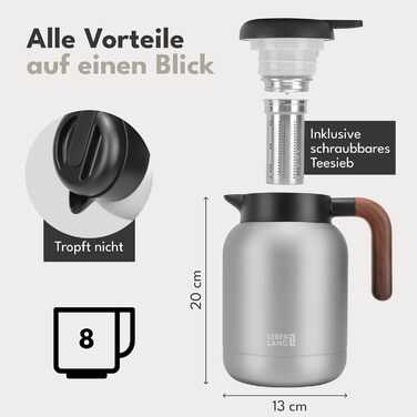 Термос LEBENLANG 1,5L з керамічним покриттям - з ситом для чаю | 24 години зберігає тепло | Термокана для кави та чаю | Сріблястий