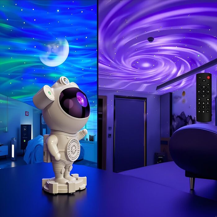 Нічник-проектор «Астронавт» зі звездним небом та галактикою, Bluetooth-динамік, білий шум, дистанційне керування та таймер, змінює кольори, 360° обертання, подарунок для дітей та дорослих
