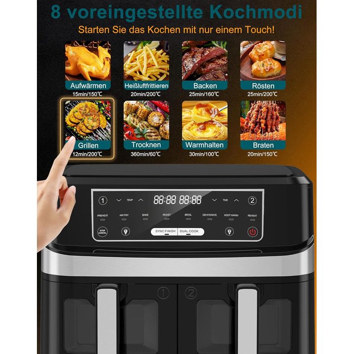 Подвійна фритюрниця без олії з 2 камерами, 10л, 8-в-1, сенсорний екран, таймер, XXL
