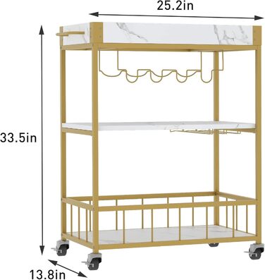 Сервізний візок Huhote з полицею для вина, барний візок, візок для напоїв, візок на колесах, візок для вина в їдальню, кухню, вітальню, бар, вечірку, з імітацією текстури дерева (золотий, корзина без заліза)