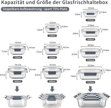 Набір контейнерів для зберігання продуктів Glas, 18 шт. (9 контейнерів, 9 кришок), безпечні для миття в посудомийній машині, мікрохвильовій печі та морозильній камері, з герметичним закриттям, без BPA, сірого кольору