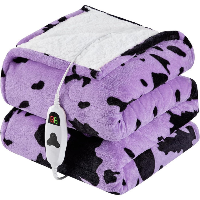 Електрична гріюча ковдра з принтом корови, повний розмір 183x213 см, фіолетова, 10 режимів нагріву, автоматичне вимкнення через 8 годин, флісова ковдра з декором гірської породи худоби, Sherpa