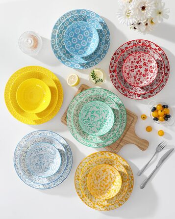 Набір посуду Vancasso Selene для 6 осіб, 24 елементи: тарілки, супові тарілки, миски, десертні тарілки. Пастельне порцелянове покриття, підходить для мікрохвильової печі.