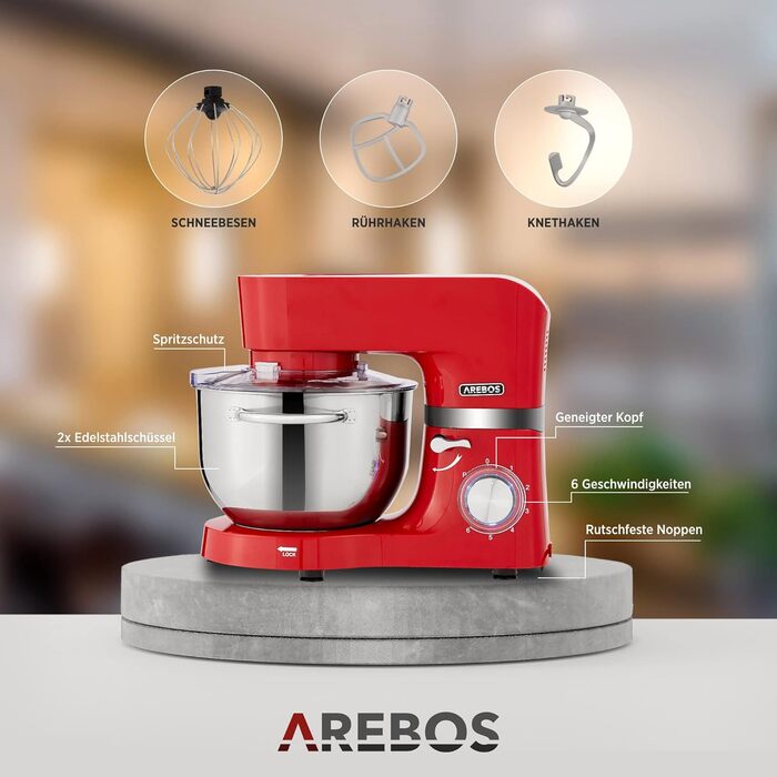 Кухонна машина Arebos 1500W з двома чашами з нержавіючої сталі (4.5L та 5.5L) | Кухонний міксер з набором насадок (крюк для тіста, вінчик, гак для збивання) та захистом від бризок | 6 швидкостей
