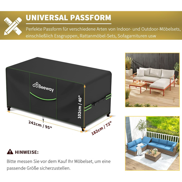 Чохол для садовой меблів BEEWAY V2.0, 300x250x102 см, водовідштовхуючий, захист від УФ, зимовий, чорний