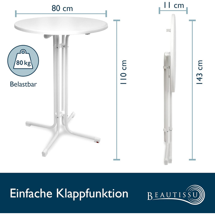 Розкладний барний стіл Beautissu Sylt стійкий до погодних умов, регульований по висоті стіл для бістро (Ø 70 см, білий)