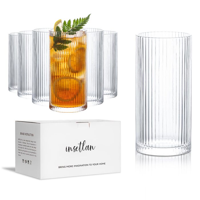 Набір склянок INSETLAN 370мл (6 шт.) для напоїв: віскі, пива, соків, кави та коктейлів | Склянка Long Drink | Склянка для води | Склянка для напоїв | Можна мити в посудомийній машині