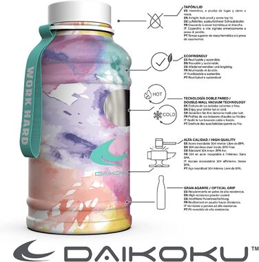 Пляшка з нержавіючої сталі Daikoku регульований ремінець карабін, термос з подвійними стінками без бісфенолу А, багаторазова пляшка для води, герметична кришка, кораловий колір, ємність 500 мл (1,3 л, багатобарвний Xxl)