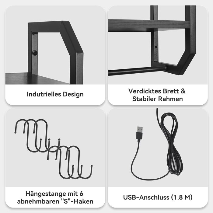 Підвісні полиці YU YUSING з RGB підсвічуванням (7 кольорів), з 8 гачками, для ігор, демонстрації, декору спальні, кухні, бару, ігрової кімнати, шестикутна форма (82.5x80x21.5 см)