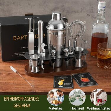 Набір бармена на 23 деталі з підставкою: шейкер, сито, ложка, мадлер. Ідеально для дому, бару, вечірки. (Шоколадний)