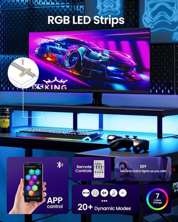 КубіКубі L-подібний кутовий стіл 105x80 см з LED підсвіткою та розетками, чорний. Стіл для ігор, навчання, офісу, з підставкою для монітора.