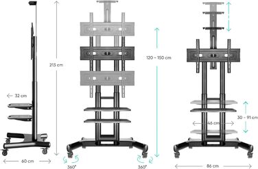 Тумба під телевізор ONKRON Rollable 40-70 дюймів, 45,5 кг, з колесами та 2 полицями, регульована по висоті, Чорна