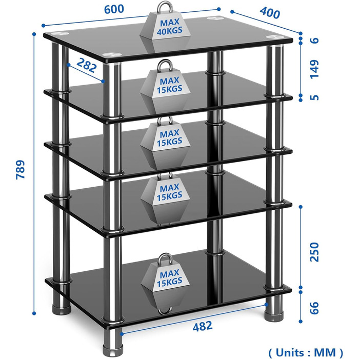 Скло 5 рівнів 600x400x800 мм Фоно-програвач Підставка для телевізора Полиця з нержавіючої сталі
