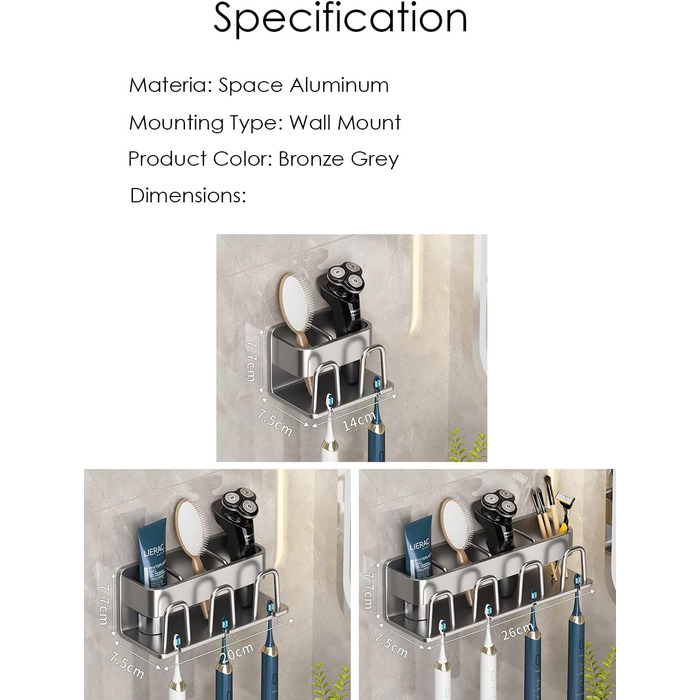 Тримач для зубних щіток для ванної кімнати, 4 чашки, настінний без свердління, велика місткість (3 слоти)