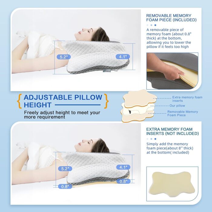 Ортопедична подушка для шиї з Memory Foam, регульована висота, ергономічна, для комфортного сну, без запаху, підходить для сну на боці
