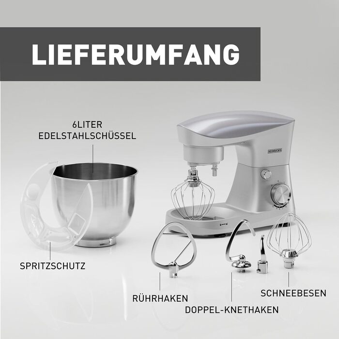 Кухонна машина Heinrich's 1500W з місткою чашею 6L (нержавіюча сталь)