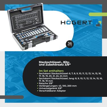 Набір інструментів Högert Technik 38 предметів: валіза з інструментами, тріскачковий набір, набір торцевих головок, біти 1/4