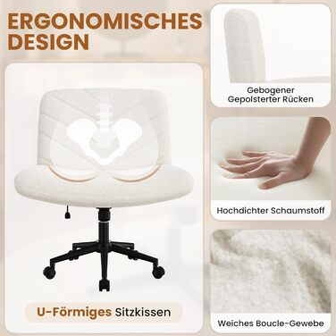 Офісне крісло Yaheetech з роликами, регульоване по висоті, з широким сидінням та середньою спинкою, для офісу та спальні, з колесами (слонова кістка)