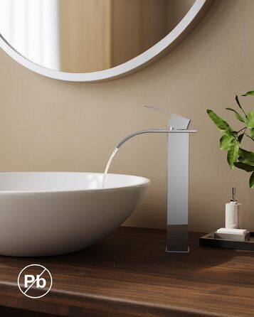 Змішувач для ванної кімнати FORIOUS з водоспадом, одноручний, для умивальника, хром, висота виливу 80 мм, економія води та енергії