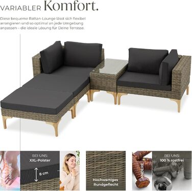 Тектейк® Набір садово-розкладних меблів з ротангу Outdoor Lounge на 5 місць, з кутовим кріслом, пуфом, столиком, комплект для відпочинку, з подушками для сидіння та спинки (Натуральний)