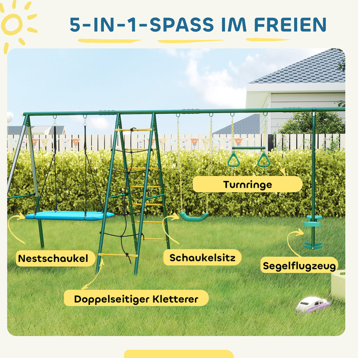 Комплекс для ігор 5-в-1 з регульованою гойдалкою-гніздечком, кільцями для гімнастики, двомісною гойдатю та комплексом для лазіння, призначений для дітей 3-8 років, розміром 440x175x203 см.