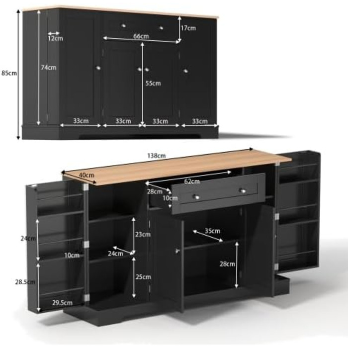 Багатофункціональний буфет для кухні – комод 138 см з ящиком, полицями з дверцятами та регульованими полицями – з кріпленням від перекидання, для кухні, вітальні та спальні, чорний