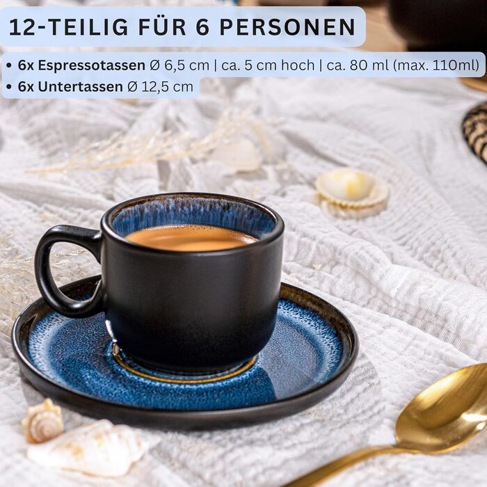 Набір чашок для еспресо SÄNGER Aruba (12 шт.) з порцеляни, 6 чашок мокко з блюдцями, блакитні чашки з чорним обідком, 80 мл, VALUE COLLECTION