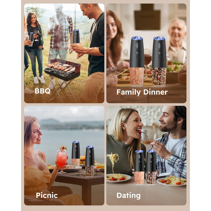 Електричний набір млинів для солі та перцю Sangcon Gravity, акумуляторний USB, світлодіодне підсвічування, керування однією рукою