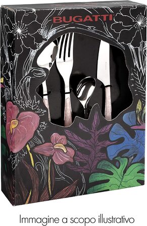 Набір столових приборів Bugatti Aladdin 24 шт. з нержавіючої сталі 18/10, хромуванням та ручками кольору онікс з перламутровим ефектом. Комплект на 6 осіб: 6 ложок, 6 виделок, 6 ножів та 6 чайних ложок