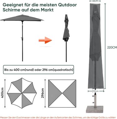 Захисний чохол для парасольки від сонця, 260x65 см, сірий