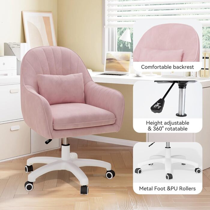 Крісло Aivermeil для дому та офісу, оксамитове, з підголівником, поворотне, регульоване по висоті, ергономічне, для робочого кабінету, спальні, до 120 кг (Рожеве)