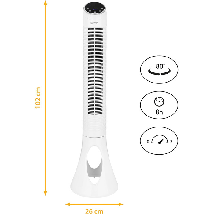 Перший вежовий вентилятор TZS Austria з дистанційним керуванням Вентилятор на п'єдесталі 102 см Коливання 80 Функція таймера 3 етапи дуже тихий вентилятор з сенсорним датчиком дисплея - білий