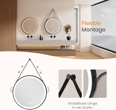 Круглий дзеркало для ванної кімнати EMKE з підсвічуванням 50см, регулювання кольору світла, антизапарник, пам'ять, сенсорне управління, таймер 3 години, енергозберігаючий