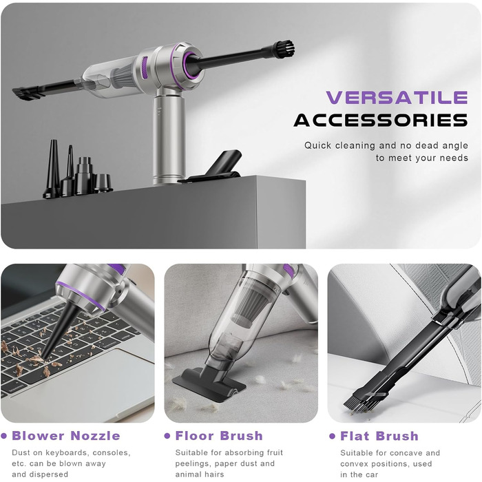 Акумуляторний ручний пилосос KITBEZN 26000Па, бездротовий міні-пилосос 4-в-1 з безщітковим двигуном для авто, дому, диванів та шерсті тварин (Фіолетовий)