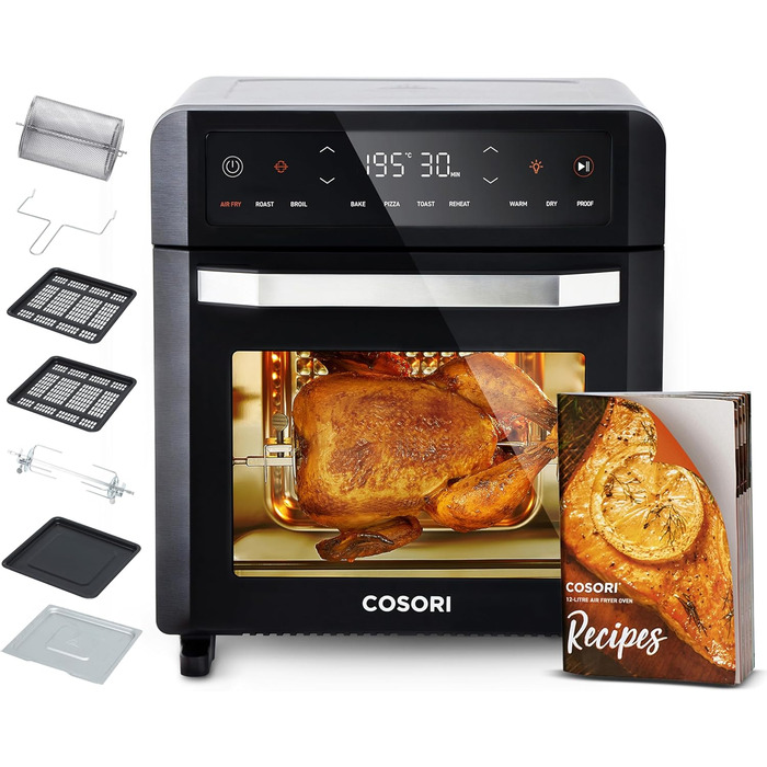 Фритюрниця повітряна COSORI 12L з 11 функціями, сушка, ферментація, подвійне нагрівання, вікно огляду, Airfryer XXL, міні-піч, рецепти, 7 аксесуарів, 220°C, срільно-чорний колір
