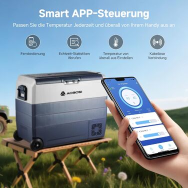 Автомобільний компресорний холодильник AAOBOSI 50л з Wi-Fi, 12/24V та 220V, охолодження до -20°C для авто, вантажівок, кемпінгу, з двома зонами