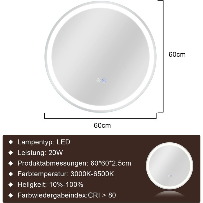 Дзеркало для ванної кімнати Mursche з підсвічуванням LED, 50x70 см, IP44, сенсорний вимикач, годинник, антизапар, регулювання яскравості 3000K-6500K