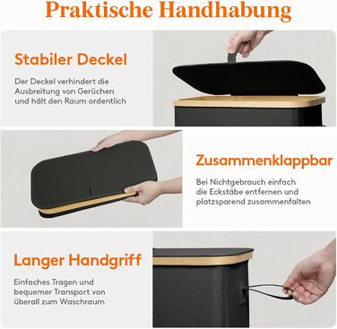 Кошик для білизни Lifewit з кришкою, вузький, складаний, 65л, бамбук, з ручкою, чорний