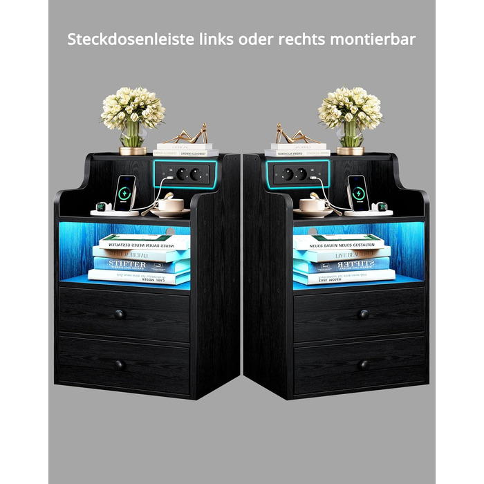 Нічний столик IRONCK з LED-підсвічуванням, розеткою та функцією зарядки, з ящиками, чорний