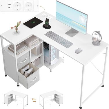 Кутовий стіл WOLTU білий з USB-роз'ємами (A/C) 120x80x75 см - стіл для комп'ютера з полицею та підключенням до електромережі, металевий каркас