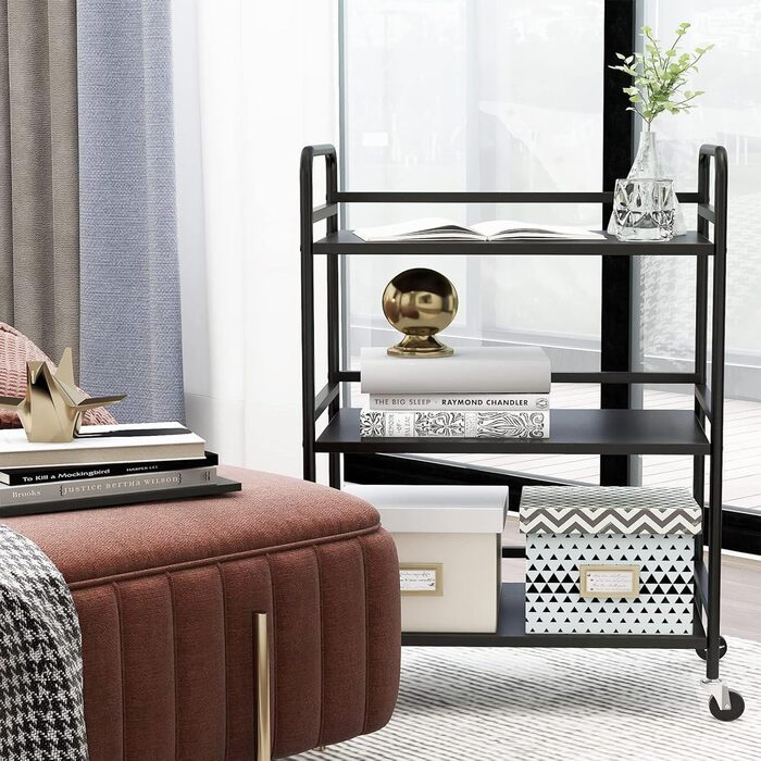 Сервісний візок HDANI з 3 ярусами, металевий, на колесах, 48x30x75 см (Чорний)